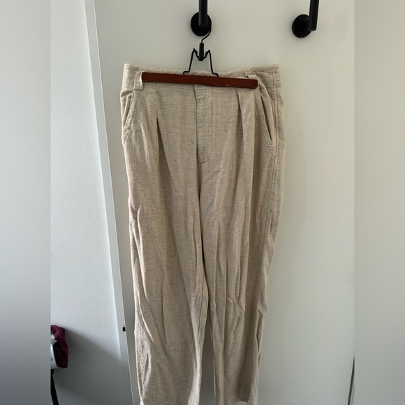 Free People Tan Linen Trousers Women Size 10 High Waist Pleated Cream - Picture 1 of 4